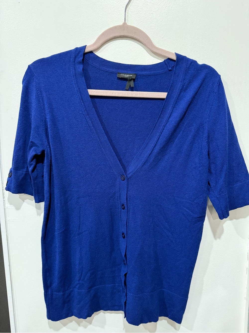 Ann Taylor Royal Blue Short Sleeve Button-Front Top